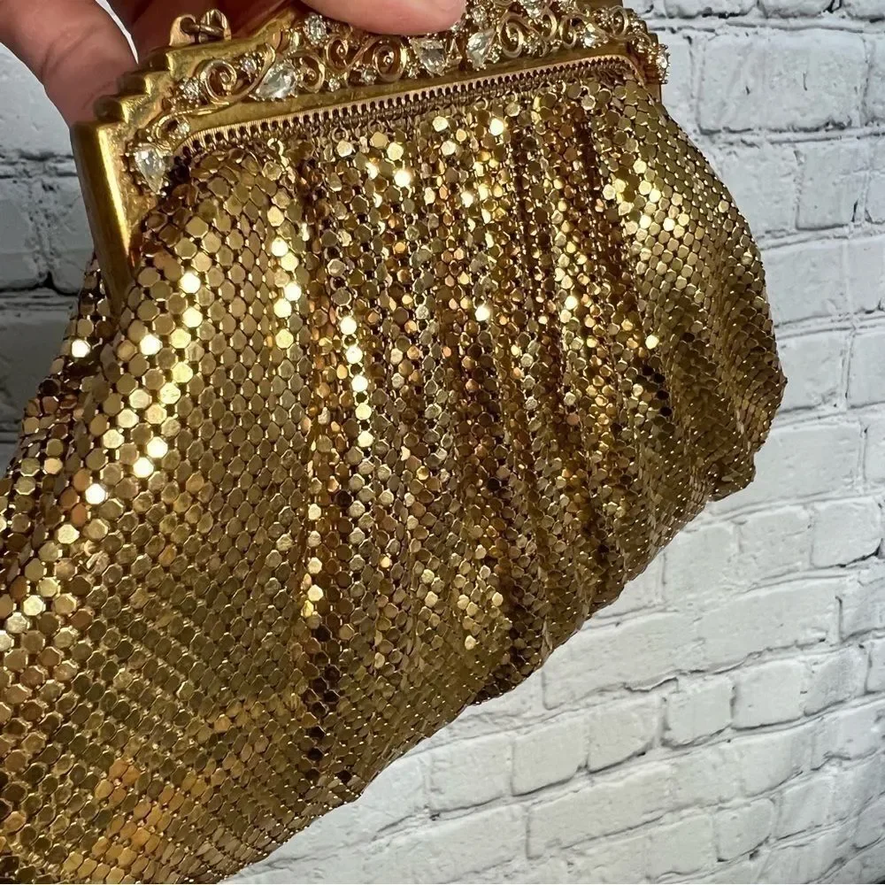 Vintage Whiting & Davis Gold Metal Mesh Rhinestone Kisslock Clutch 1940s/1950s
